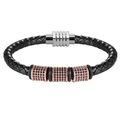 Zwarte gevlochten lederen armband met roségouden bedels en magnetische zilveren sluiting - Maat S / Roségoud