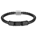 Gevlochten zwarte lederen armband met zwarte pavé kralen en zilveren metalen sluiting - Maat S / Zwart
