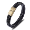 Geflochtenes schwarzes Lederarmband mit Magnetverschluss aus Bronze für Damen und Herren - 19cm / Goldener Verschluss Schwarzes Leder