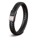 Herren Armband aus geflochtenem schwarzen Leder mit mattgrauem Magnetverschluss aus Edelstahl - 19cm / Schwarzer Verschluss Schwarzes Leder