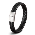 Geflochtenes schwarzes Lederarmband mit silbernem Magnetverschluss für Damen und Herren - 19cm / Stahlverschluss Schwarzes Leder