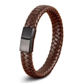 Men's braided leather bracelet with dark brown weave and matte black steel buckle - 19cm / Black Clasp Brown Leather