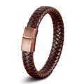 Braided dark brown leather bracelet with vintage bronze magnetic clasp for men and women - 19cm / Rose Gold Buckle Brown Leather