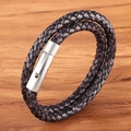 Double-layered brown braided leather bracelet with a brushed silver metal magnetic clasp - Medium / Purple Grey
