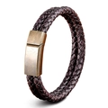 Men's double-strand braided dark brown leather bracelet with vintage bronze clasp - Grey Purple / 19cm
