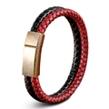 Braided leather bracelet in red and black with bronze magnetic clasp for men - Black Red / 19cm