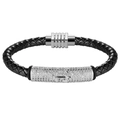 Black braided leather bracelet for men featuring a silver anchor and micro-set zircons - 19cm / Steel