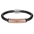 Braided black leather bracelet featuring a rose gold anchor charm with micro-pave stones - 19cm / Rose Gold