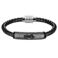 Unisex black braided leather bracelet with silver magnetic clasp and anchor charm detail - 19cm / Black