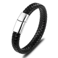 Bracelet pour homme en cuir tressé noir avec fermoir magnétique en acier poli - Fermoir Acier Cuir Noir