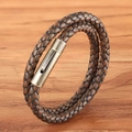 Double-layer dark brown braided leather bracelet with vintage bronze clasp - Small / Coffee