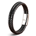 Double-layered black braided leather bracelet with silver polished magnetic clasp - 19cm / Black