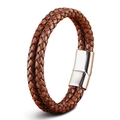 Double-wrap braided cowhide leather bracelet in dark brown with silver magnetic clasp - 19cm / Brown