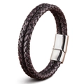 Double-layered braided brown leather bracelet with polished magnetic stainless steel clasp - 19cm / Purple Grey