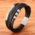 Men's multilayer black braided leather bracelet with silver stainless steel metal accents - 19 / Steel
