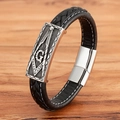Herren Lederarmband mit Freimaurer-Edelstahlschließe und Kompass-Symbol auf Holzgrund - 19cm / Freimaurer Symbol Stil (BXG2131)
