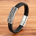 Geflochtenes Herrenlederarmband mit Freimaurer-Kompass und Magnetverschluss aus Edelstahl - 19cm / Freimaurer Symbol Stil (BXG2121)