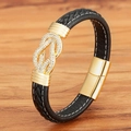 Men's braided black leather bracelet with gold knot diamond charm and magnetic buckle - 19cm / Gold