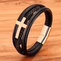 Klassisches Herren-Lederarmband mehrlagig in Schwarz mit goldenem Edelstahl-Kreuz - Size 19 / Roségold Verschluss Schwarzes Leder