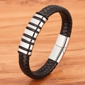 Geflochtenes schwarzes Lederarmband für Herren mit polierten Edelstahlringen und Verschluss - 19cm / Stahlfarben