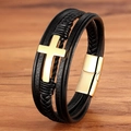 Mehrlagiges Herrenarmband aus schwarzem Leder mit goldenem Kreuz und Magnetverschluss - Size 19 / Goldener Verschluss Schwarzes Leder
