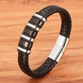 Schwarzes geflochtenes Lederarmband für Herren mit silbernen und schwarzen Metallringen - 19cm / Schwarz und Stahl