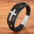 Mehrlagiges schwarzes Lederarmband für Herren mit silbernem Kreuz und Magnetverschluss - Size 19 / Stahlverschluss Schwarzes Leder
