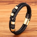 Zweilagiges geflochtenes Lederarmband für Herren mit gold-schwarzen Metallperlen - 19cm / Schwarz+Gold