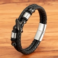 Herren Armband aus schwarzem, doppellagigem Leder mit silbernem Kreuz und Magnetverschluss - Stahl + Schwarz / 19cm