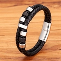 Mehrlagiges geflochtenes Lederarmband für Herren mit silbernen Metallperlen - 19cm / Stahl + Schwarz