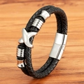 Zweilagiges schwarzes Lederarmband für Herren mit silbernem X-förmigem Metallelement - Stahlfarben / 19cm