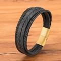 Mehrlagiges geflochtenes Herren-Lederarmband in Schwarz mit goldenem Magnetverschluss - 19cm / Schwarzes Leder mit goldenem Verschluss
