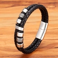 Geflochtenes schwarzes Lederarmband für Herren mit Silberperlen und Magnetverschluss - 19cm / Stahlfarben