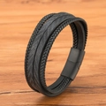 Mehrlagiges schwarzes Lederarmband für Herren mit Magnetverschluss in Carbon-Optik - 19cm / Schwarzes Leder Schwarze Schnalle