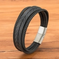 Mehrlagiges schwarzes geflochtenes Lederarmband für Herren mit silbernem Magnetverschluss - 19cm / Schwarzes Leder Stahlschnalle