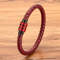 Pulsera para hombre de cuero trenzado rojo oscuro con cierre magnético cilíndrico - Pequeño / Rojo