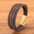 Mehrlagiges geflochtenes Lederarmband für Herren in Dunkelbraun mit goldener Magnetschließe - 19cm / Kaffee Leder Gold Verschluss