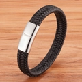 Schwarzes geflochtenes Lederarmband für Herren mit poliertem Edelstahl Magnetverschluss - 19cm / Schwarz