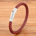 Geflochtenes rotes Lederarmband für Herren mit silbernem Edelstahlverschluss und Textur - 19cm / Silberschnalle Rotes Leder