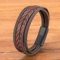 Bracelet multicouche pour homme en cuir tressé marron foncé avec fermoir magnétique noir - Cuir Café Boucle Noire