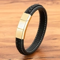 Braided black leather bracelet for men with golden magnetic clasp on wood surface - Gold / 19cm