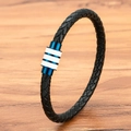 Men's black woven leather bracelet featuring a blue and white striped magnetic metal clasp - 19cm / Blue
