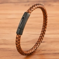 Herrenarmband aus braunem Ledergeflecht mit mattschwarzem Magnetverschluss aus Metall - 19cm / Schwarze Schnalle Braunes Leder