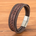 Bracelet multicouche pour hommes en cuir marron avec tresses et fermoir magnétique - Cuir Café Boucle en Acier