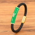 Geflochtenes schwarzes Lederarmband mit grünem Emaille-Böse-Blick-Anhänger und Goldverschluss - 19cm / Grün