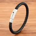 Geflochtenes schwarzes Lederarmband mit gebürsteter Edelstahlschließe in Silberoptik - 19cm / Stahlverschluss Schwarzes Leder