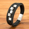 Mehrlagiges Herrenarmband aus schwarzem Leder mit silbernem Edelstahl-Magnetverschluss - 19cm / Stahlfarben