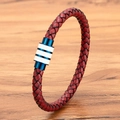 Pulsera de cuero trenzado rojo para hombre con cierre magnético de rayas - Pequeño / Azul