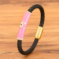 Herren Armband aus schwarzem Leder mit rosa Emaille-Auge-Anhänger und goldenem Magnetverschluss - 19cm / Rosa