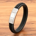 Minimalist black braided leather bracelet with a brushed silver magnetic buckle - Steel / 19cm